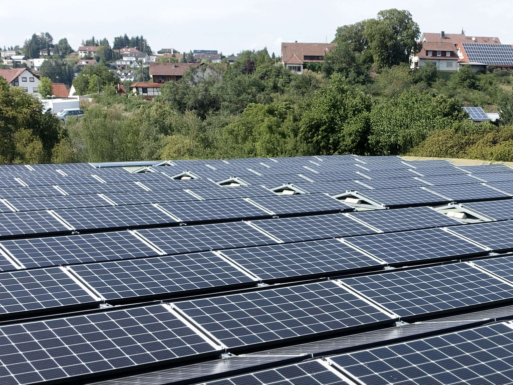Dach mit mehreren Reihen von Photovoltaik-Solarmodulen, im Hintergrund Bäume und Wohnhäuser mit weiteren Solarmodulen auf den Dächern.