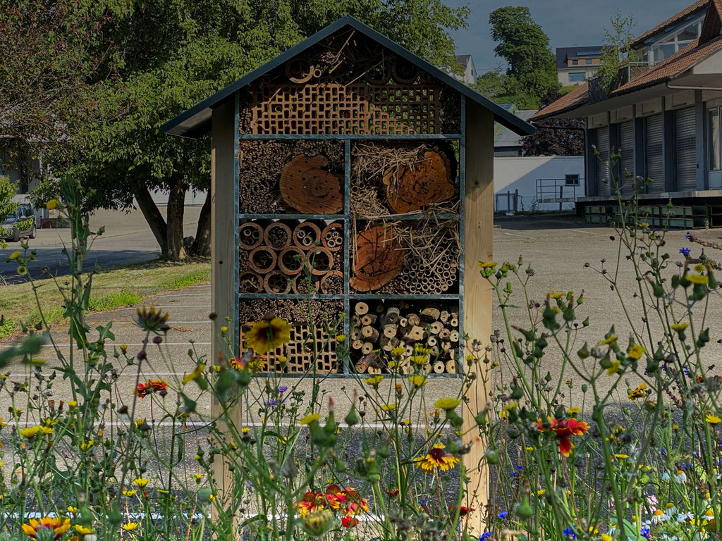 Insektenhotel aus Holz mit verschiedenen Fächern, gefüllt mit Holzscheiben, Bambusröhren und anderen Naturmaterialien, umgeben von Wildblumen.