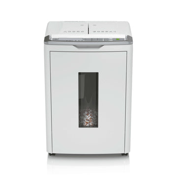 Front view of the Shredcat 8285 auto-feed shredder, showing a viewing window with shredded paper behind it. At the top, a kind of opening flap for inserting stacks of paper and operating buttons with icons.