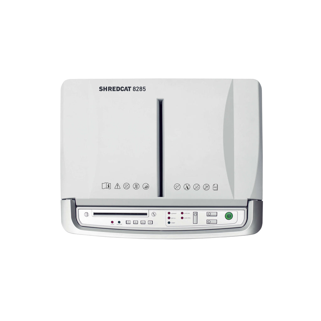 Das Autofeed-Aktenvernichter-Modell IDEAL Shredcat 8285 frontal von oben fotografiert. Man sieht die Bedienoberfläche und die Öffnungsklappe, hinter der die zu shreddernden 
Papierstapel eingelegt werden können.