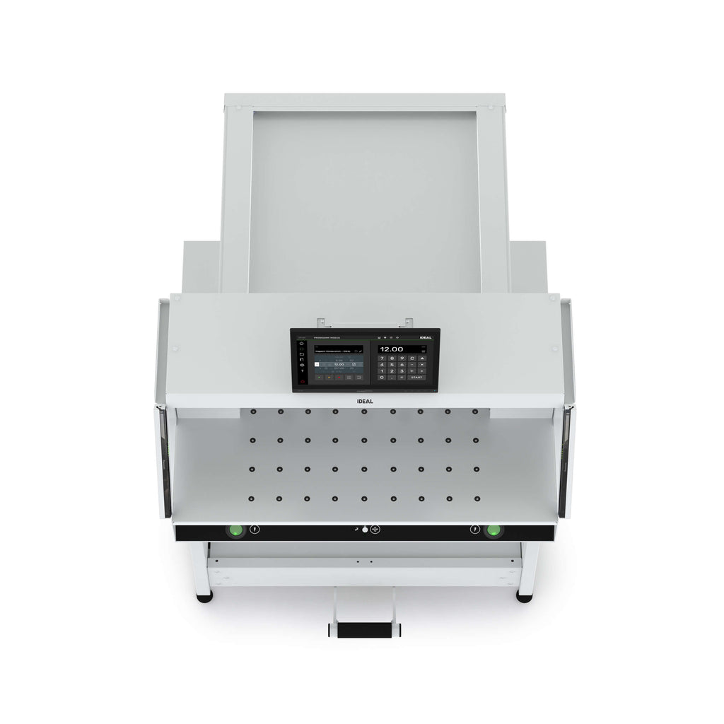 Produktaufnahme des Stapelschneiders IDEAL THE 68 LT mit Lufttisch, frontal und von oben aufgenommen, vor weißem Hintergrund.