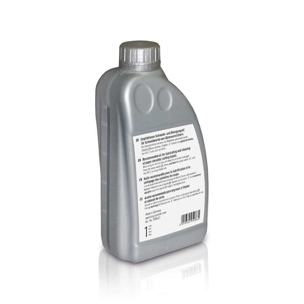 Eine silbergraue 1-Liter-Flasche Spezialöl für IDEAL Aktenvernichter vor schlichtem weißen Hintergrund. Die Flasche verfügt seitlich über eine transparente, vertikale Sichtleiste, die den Füllstand anzeigt, und trägt einen weißen Aufkleber mit der Inhaltsangabe.
