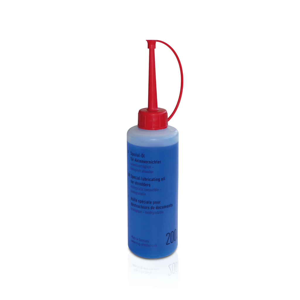 Eine kleine 200-ml-Flasche Spezialöl für IDEAL Aktenvernichter. Die transparente Flasche enthält blaues Öl und ist mit einer roten Dosierspitze ausgestattet.