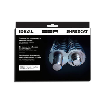Black packaging with trilingual inscription in white: Oil paper for all Cross Cut document shredders. It shows the image of two shredder blade shafts and the logos IDEAL, EBA and Schredcat.