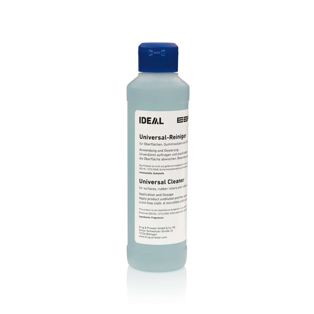 Schlichte 250-ml-Flasche Universalreiniger für die Transportwalzen der IDEAL Shredcat-Autofeed-Aktenvernichter 8280 CC, 8283 CC, 8285 CC und 8292 CC. Die Flasche mit blauem Deckel trägt einen Aufdruck mit Anwendungshinweisen.