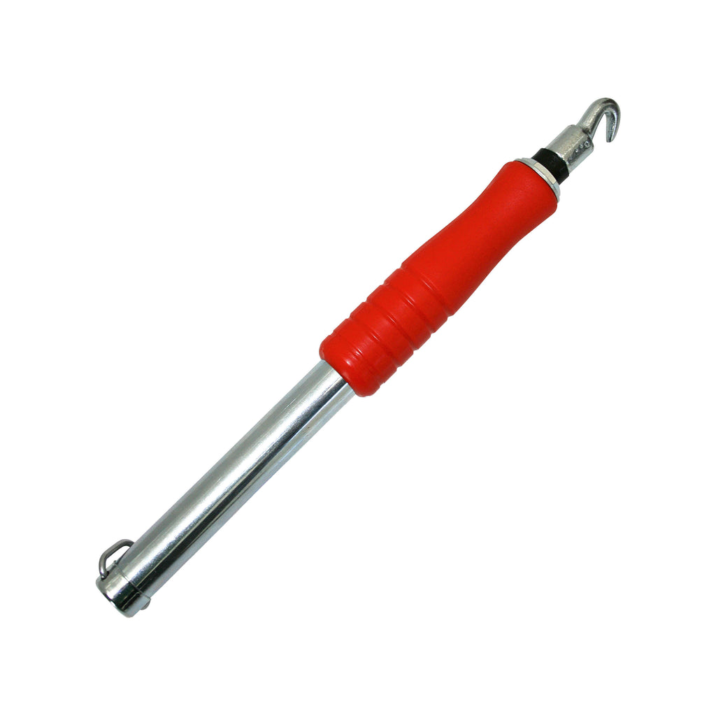 Verschlussapparate für Einwegplastiksäcke, die in IDEAL Aktenvernichtern eingesetzt werden. Das Bild zeigt eine Art Werkzeug - Haken aus Metall mit einem roten Griff.