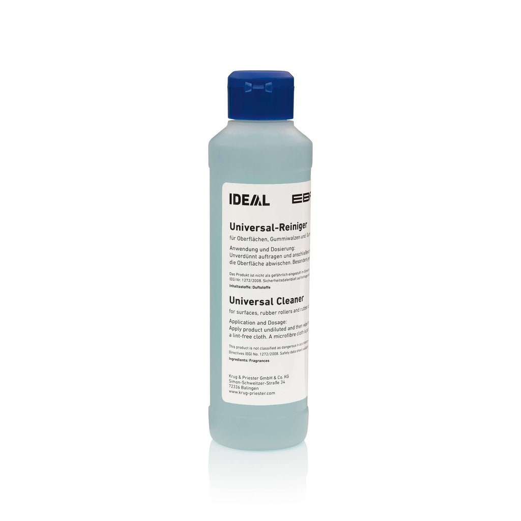 Schlichte 250-ml-Flasche mit Universalreiniger für die IDEAL Falzmaschinen 8306, 8324, 8335, 8345 sowie den Booklet Maker IDEAL 8590. Die Flasche mit blauem Deckel trägt einen Aufdruck mit Anwendungshinweisen.