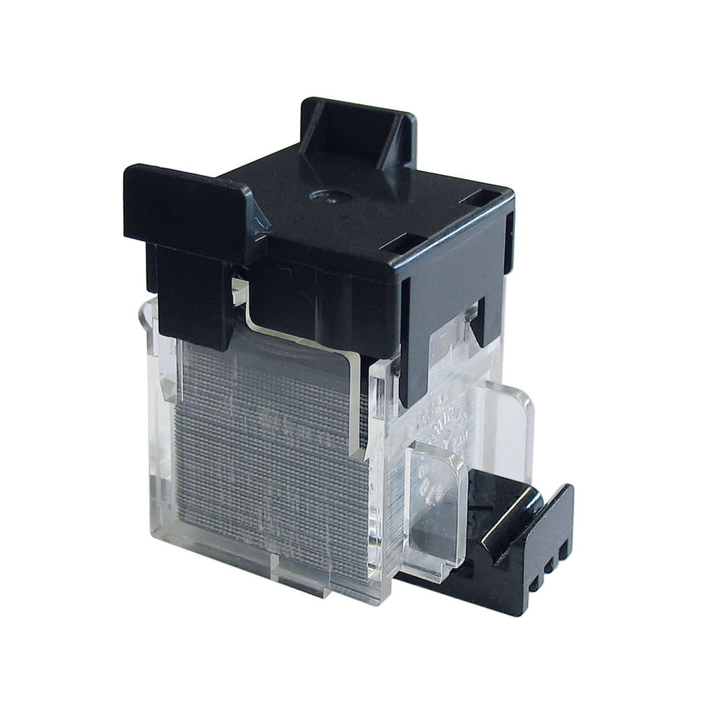 Ersatz-Flachklammernmagazin für IDEAL Elektrohefter 8520. Eine Art Kassette, oben schwarz, unten transparent - die planen Klammern sind sichtbar.