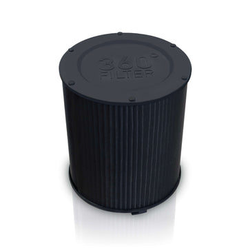 The high-performance 360-degree smart filter shown here is an accessory for the IDEAL AP30 PRO and AP40 PRO air purifiers. A kind of black round "container" with a pleated outside. The top of the lid is embossed with the lettering 360° FILTER.