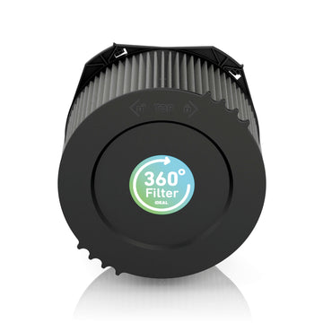 A high-performance 360° smart filter can be seen as an accessory for IDEAL AP PRO air purifiers - a black, round box with pleats on the sides. On the front is an imprint with the words "360° Filter IDEAL".