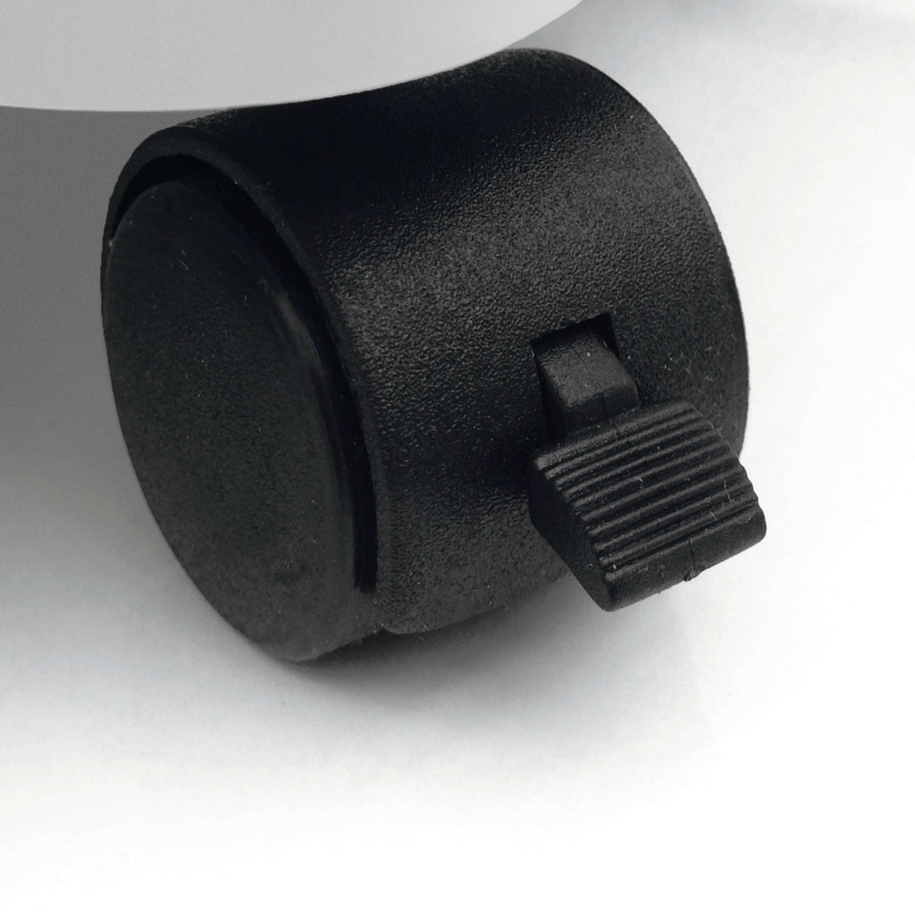 Close-up of a black castor with parking brake of an IDEAL Shredcat 8285 document shredder.