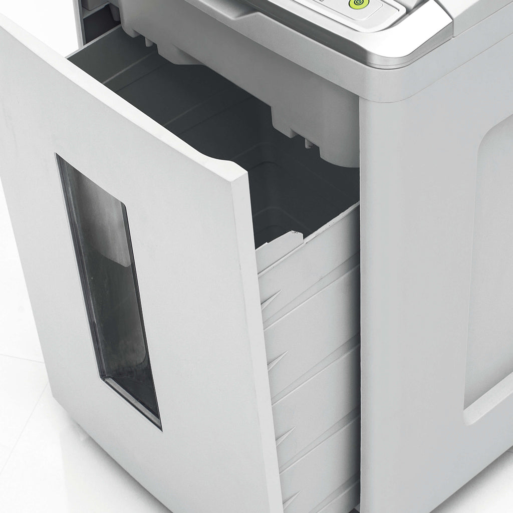 Close-up view of the half-pulled-out shred bin of the IDEAL 8285 Shredcat autofeed shredder. There is a viewing window at the front.