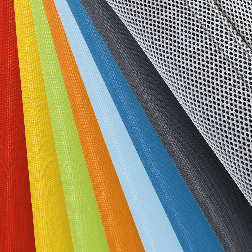 Farbmuster der textilen Filterüberzüge für die IDEAL Luftreiniger AP30 PRO und AP40 PRO. Die Farben sind rot, gelb, grün, orange, hellblau, dunkelblau, anthrazit - und ein Premiumüberzug in silbergrau.