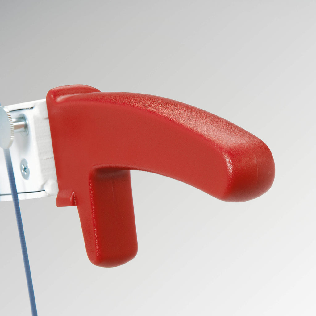 Ergonomischer Messerhebel-Griff der IDEAL Hebelschneider 1138, 1158, 1171 - das Bild zeigt einen roten Griff in Nahaufnahme.