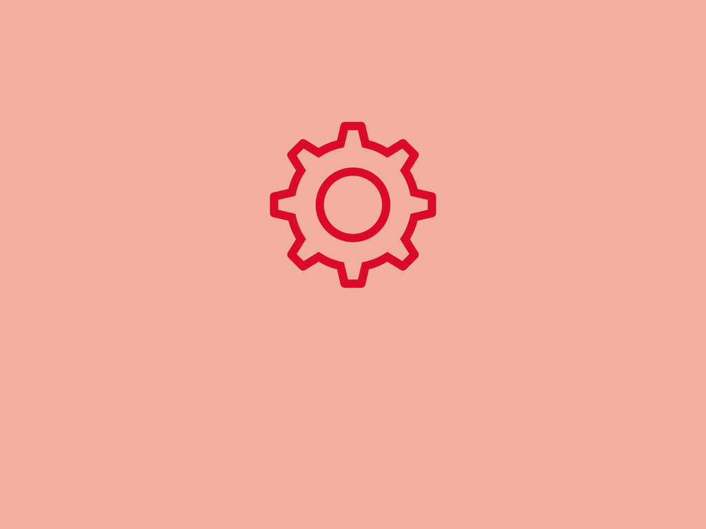 Schlichtes querformatiges, klassisch-hellrotes Rechteck, in der Fläche ein hellrotes Werkzeug-Zahnrad-Icon.
